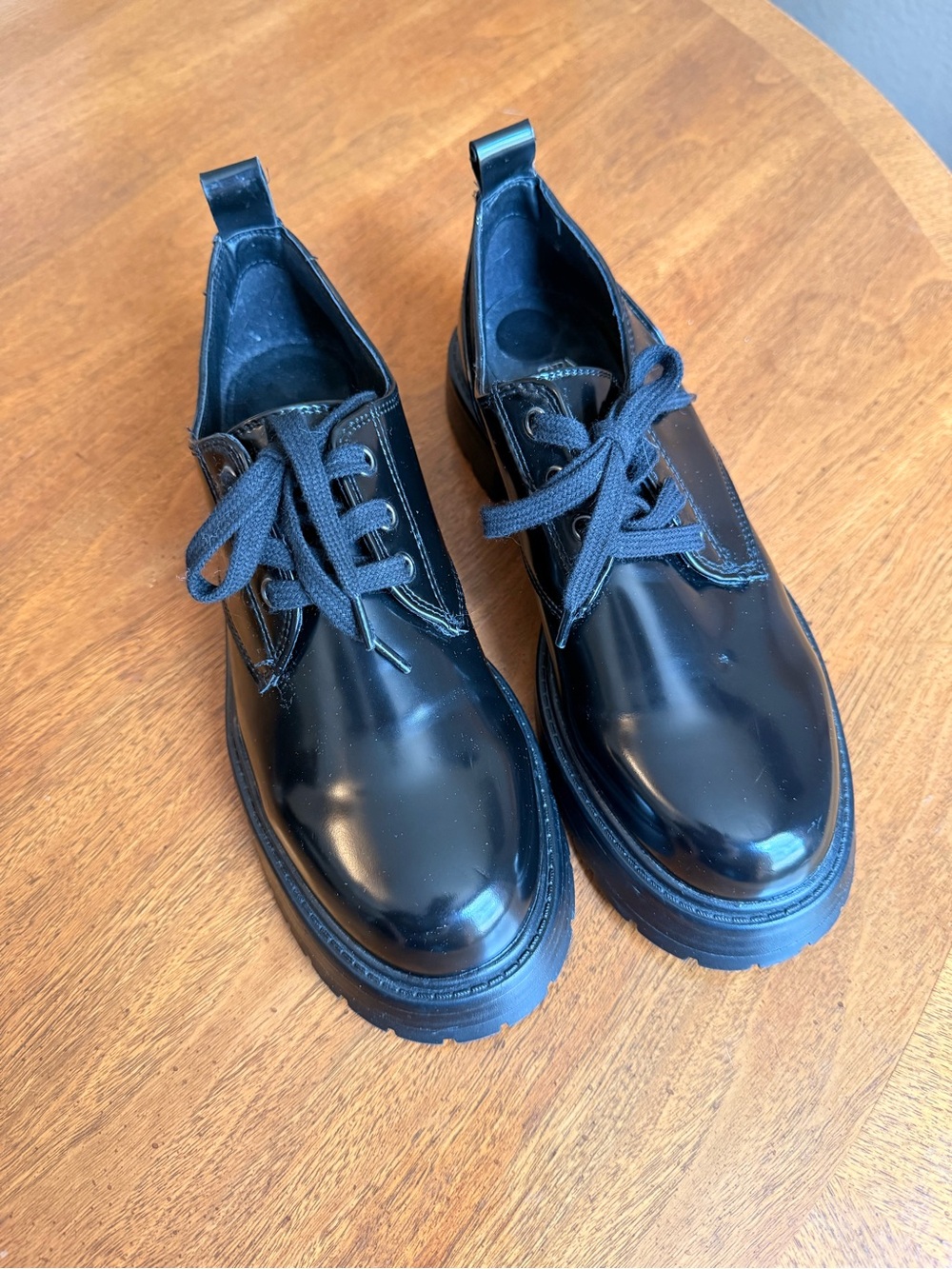 Zara Women's Black Glossy Lace-Up Chunky Loafers NWOT